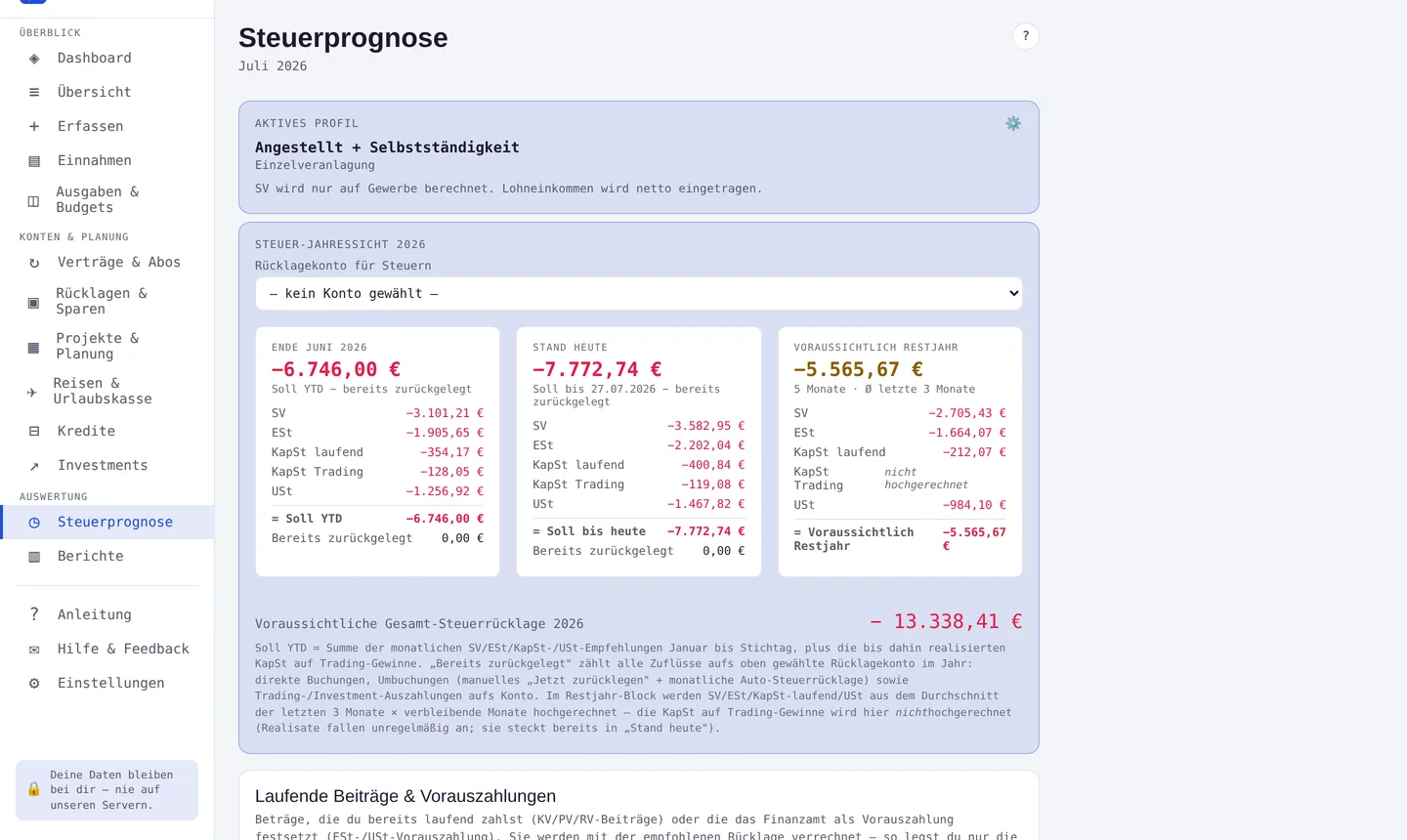 Finavero Steuerprognose – Screenshot